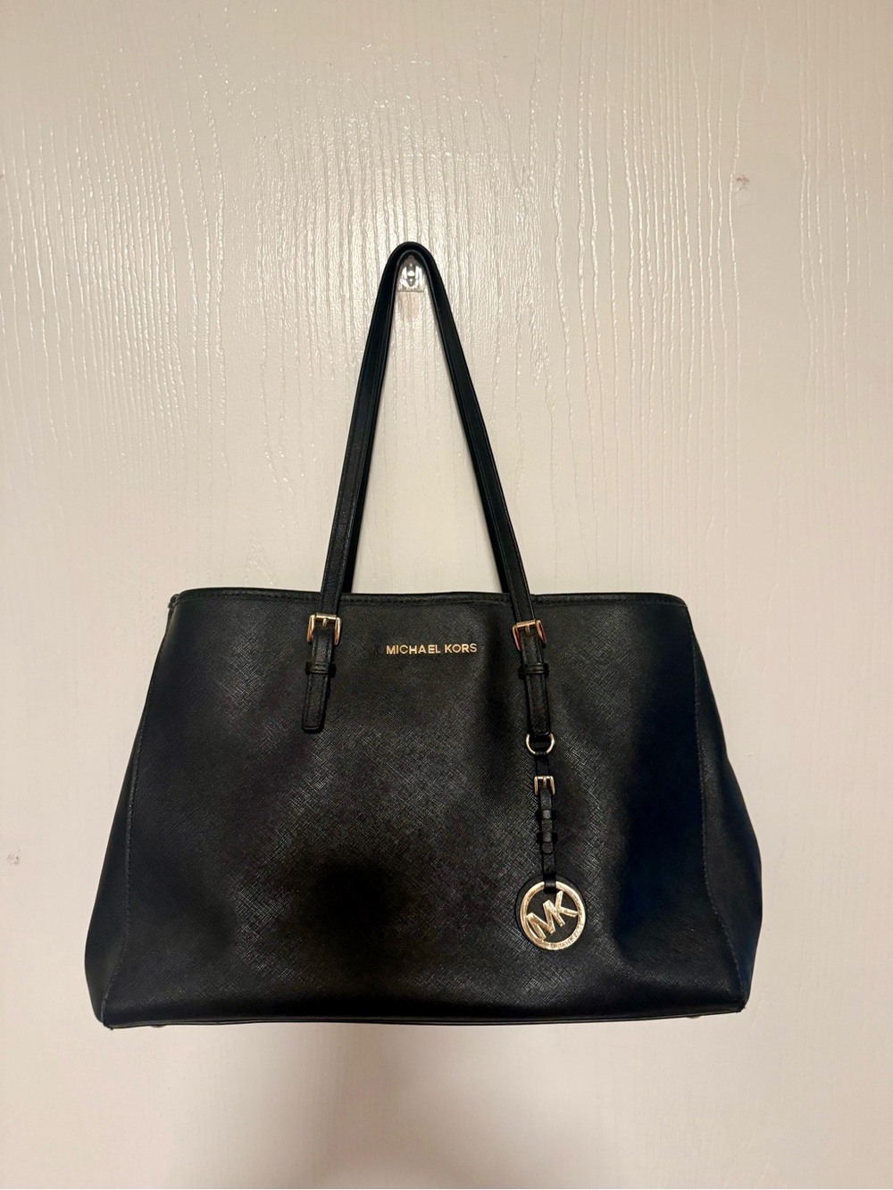 Michael Kors Black Saffiano Shoulder Tote with Gold Hardware